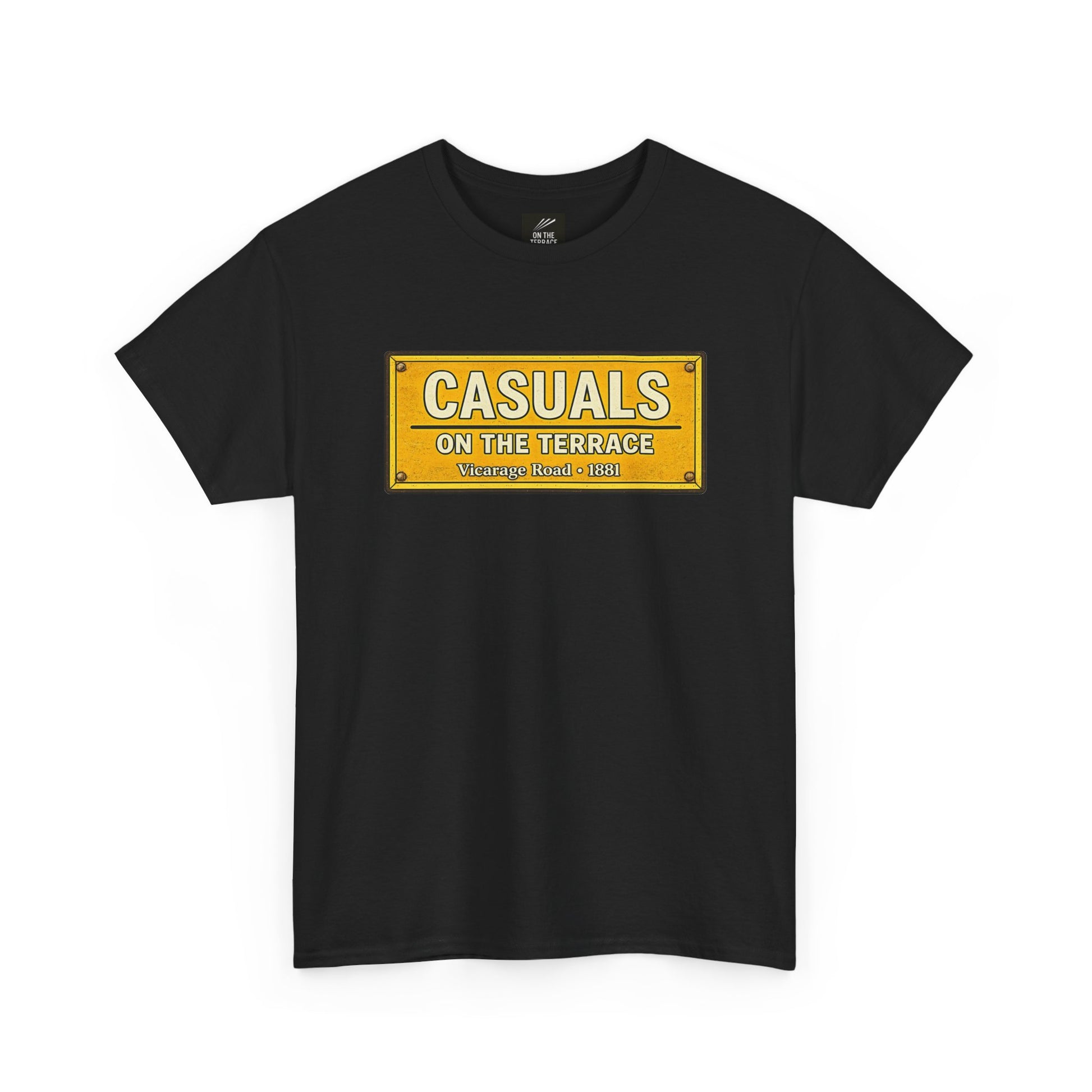 A black short-sleeve Watford t-shirt featuring a yellow rectangular graphic on the chest that reads 'CASUALS ON THE TERRACE Vintage Tees - 1984' in white and yellow lettering, displayed against a solid white background.