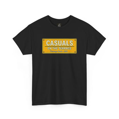 A black short-sleeve Watford t-shirt featuring a yellow rectangular graphic on the chest that reads 'CASUALS ON THE TERRACE Vintage Tees - 1984' in white and yellow lettering, displayed against a solid white background.