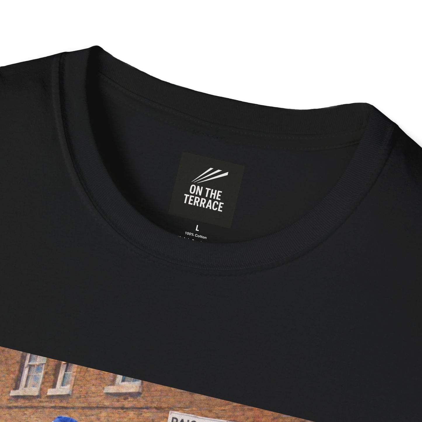 Black t-shirt with 'On The Terrace' label on a blurred background