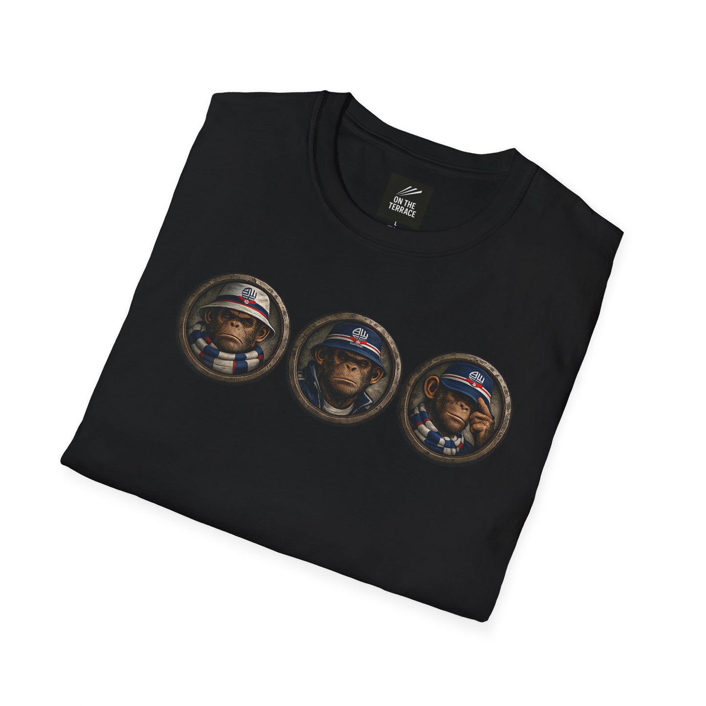 On The Terrace Northern Monkeys black graphic t-shirt featuring retro Bolton Wanderers inspired terrace casuals artwork.