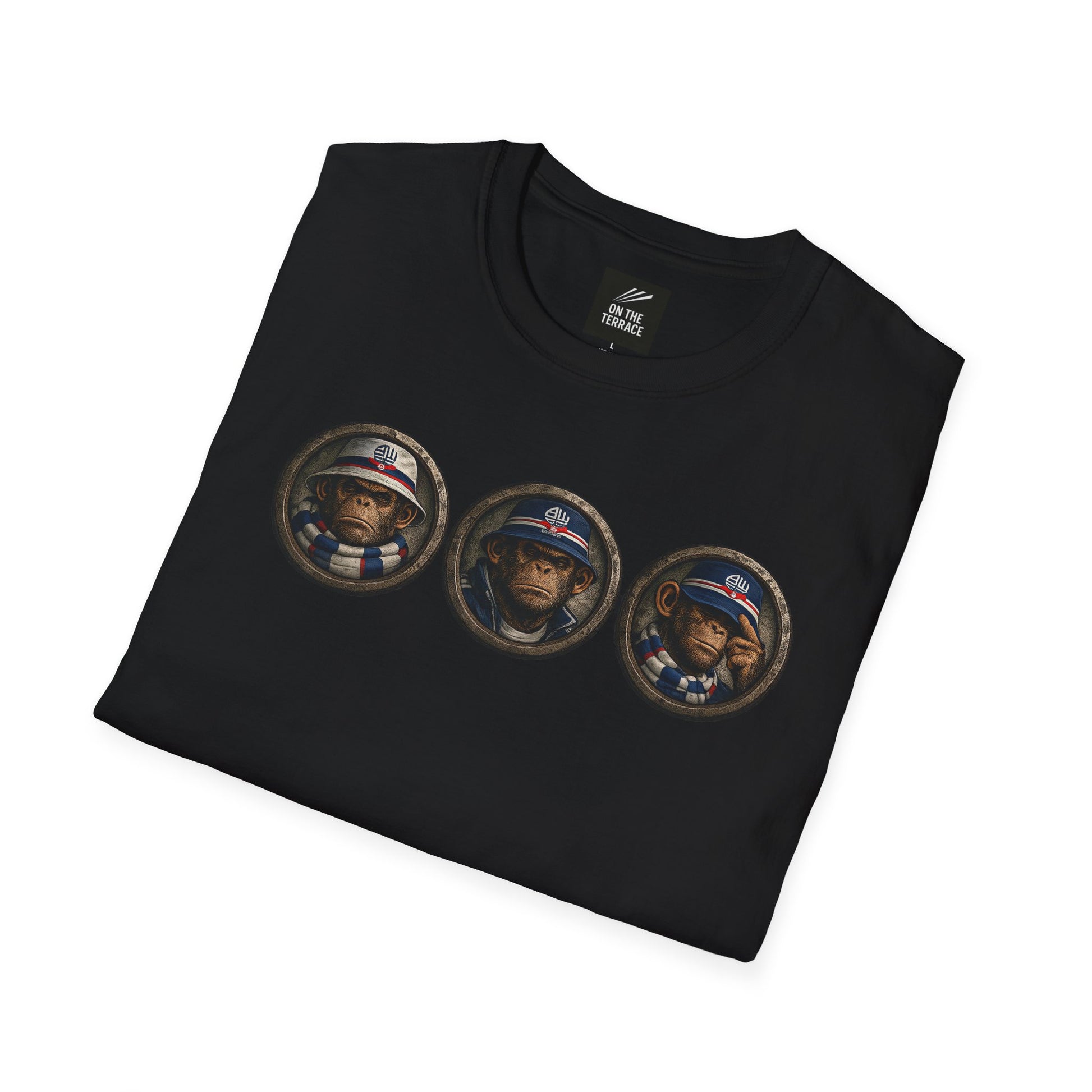 On The Terrace Northern Monkeys black graphic t-shirt featuring retro Bolton Wanderers inspired terrace casuals artwork.