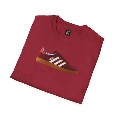 Folded maroon t-shirt with graphic of a retro burgundy sneaker and white stripes