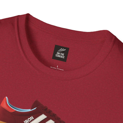 Maroon casual t-shirt with shoe graphic and visible collar tag, ideal for football fans