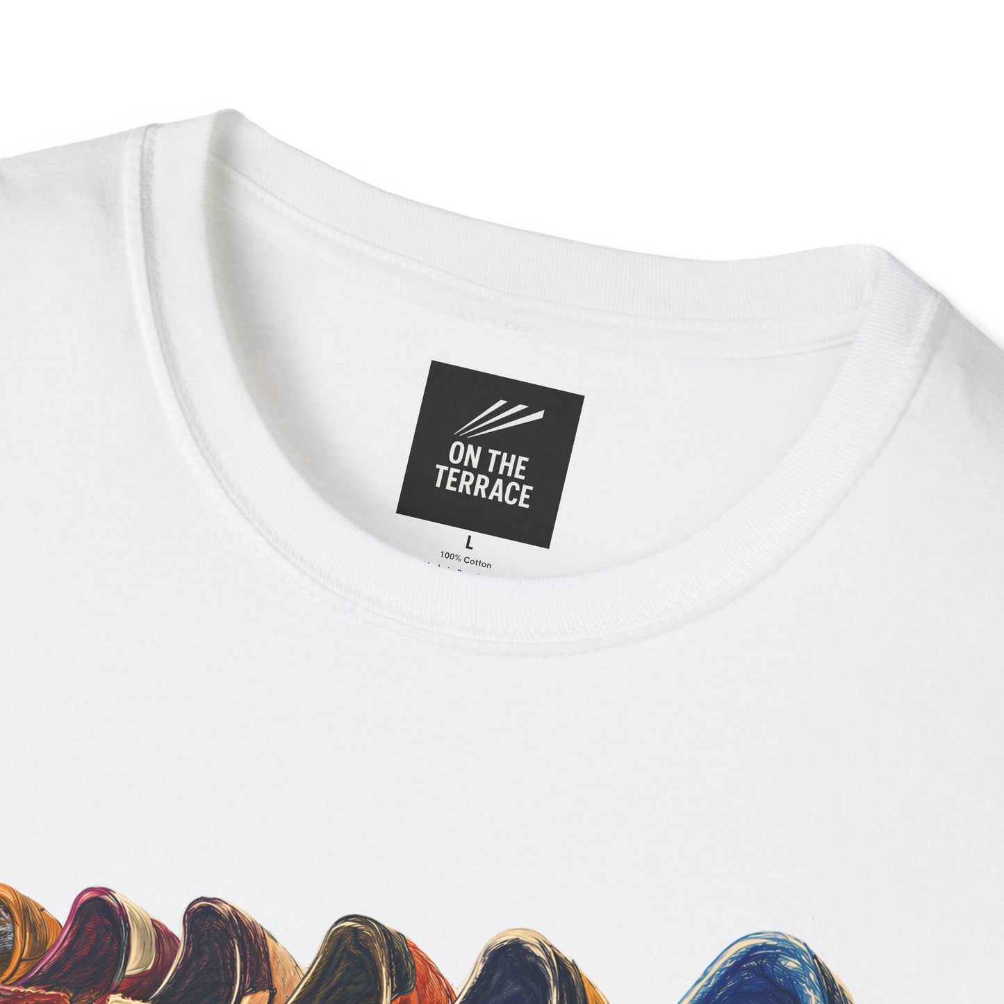 White t-shirt with colorful row of retro sneakers graphic print