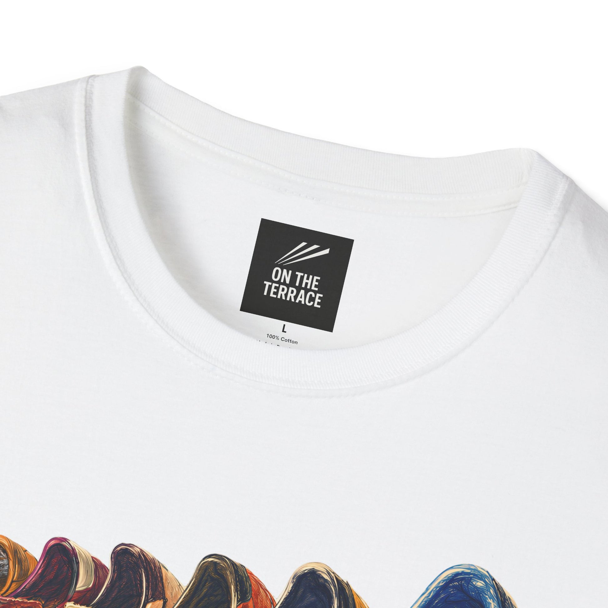 White t-shirt with colorful row of retro sneakers graphic print