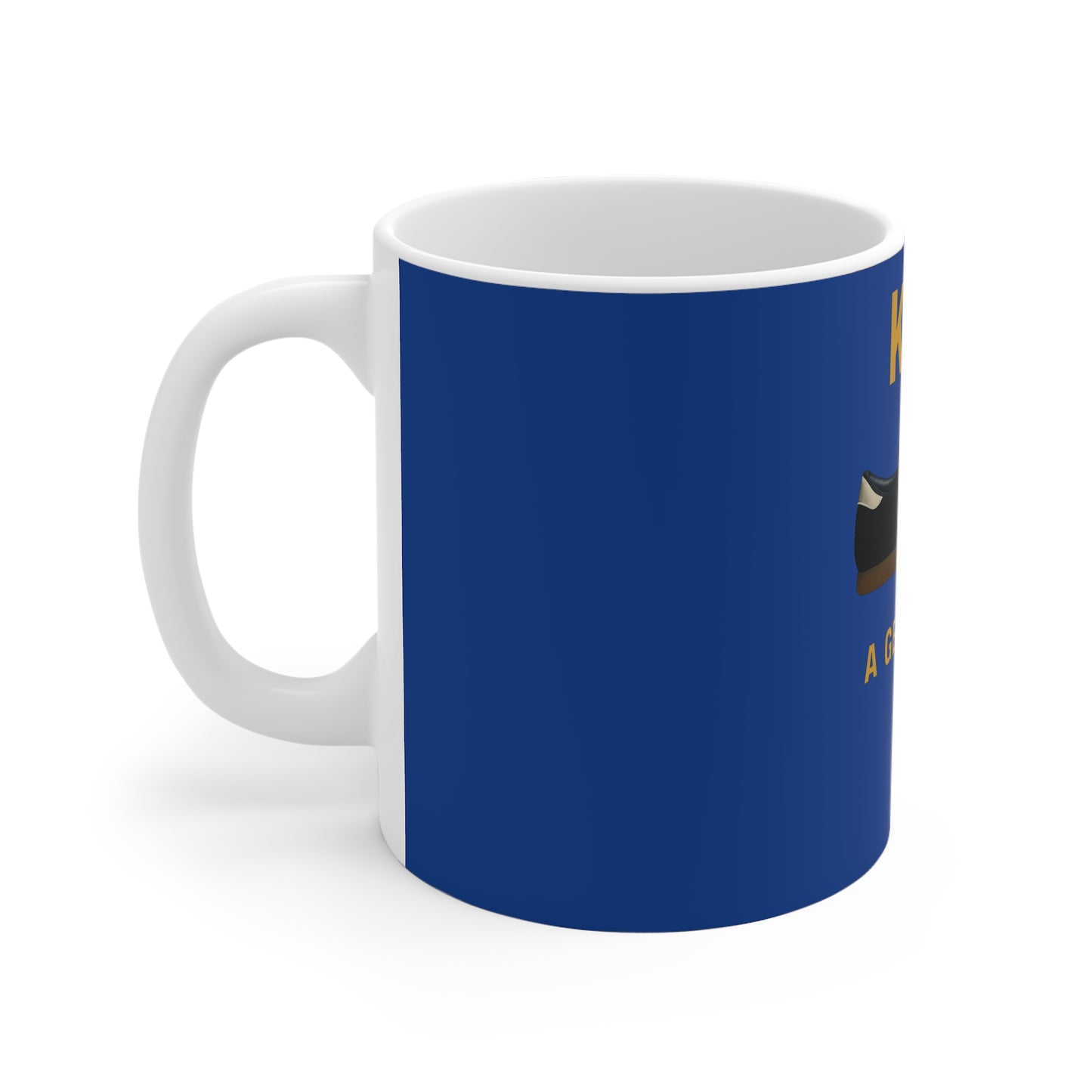 White ceramic mug with blue background and partial text and sneaker graphic on side