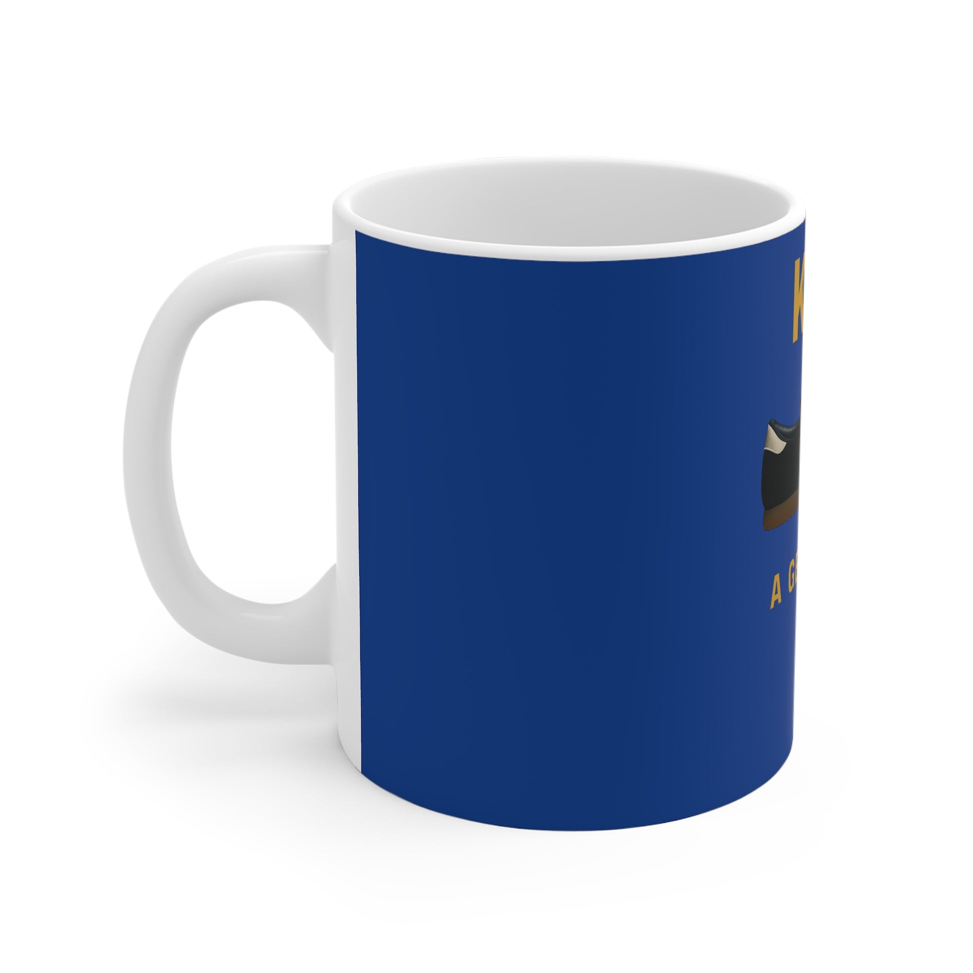White ceramic mug with blue background and partial text and sneaker graphic on side