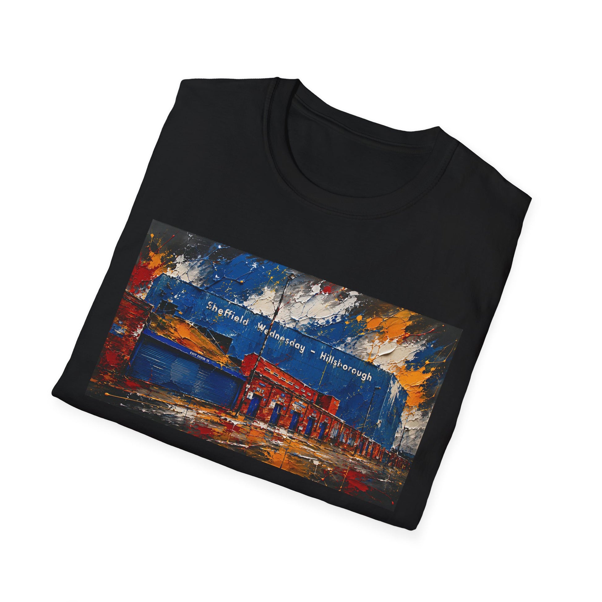 Black t-shirt with hand-painted artwork of Hillsborough stadium turnstiles, Sheffield Wednesday football ground illustration