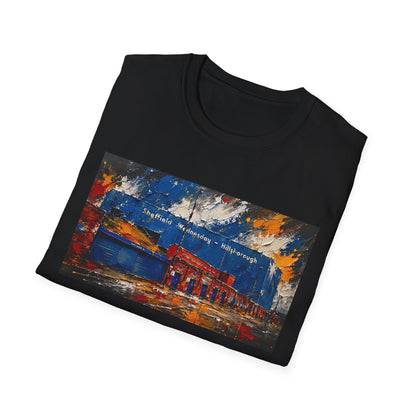 Black t-shirt with hand-painted artwork of Hillsborough stadium turnstiles, Sheffield Wednesday football ground illustration