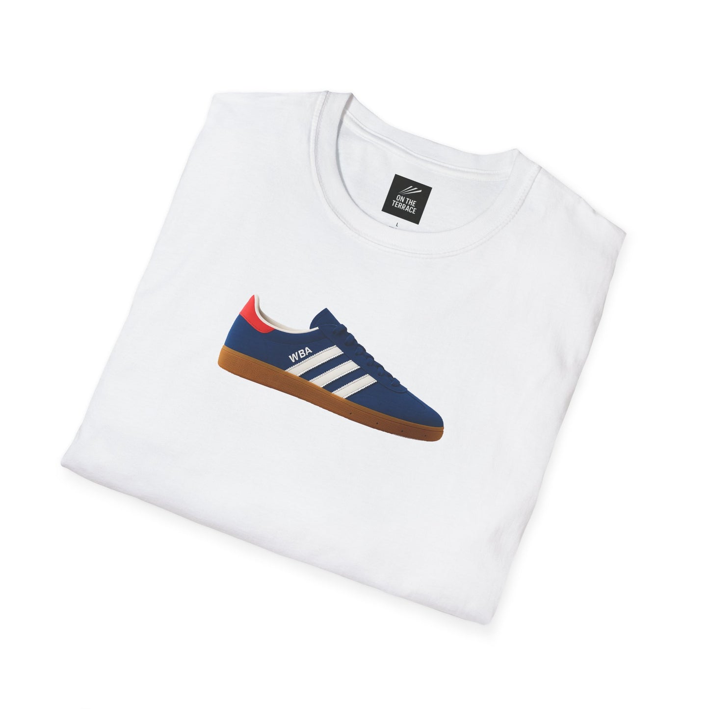 White folded t-shirt with a blue sneaker print featuring white stripes and brown sole