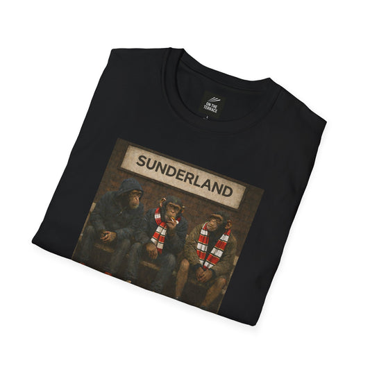Folded Black Sunderland Northern Monkeys t-shirt with 'Sunderland ' text on a white background