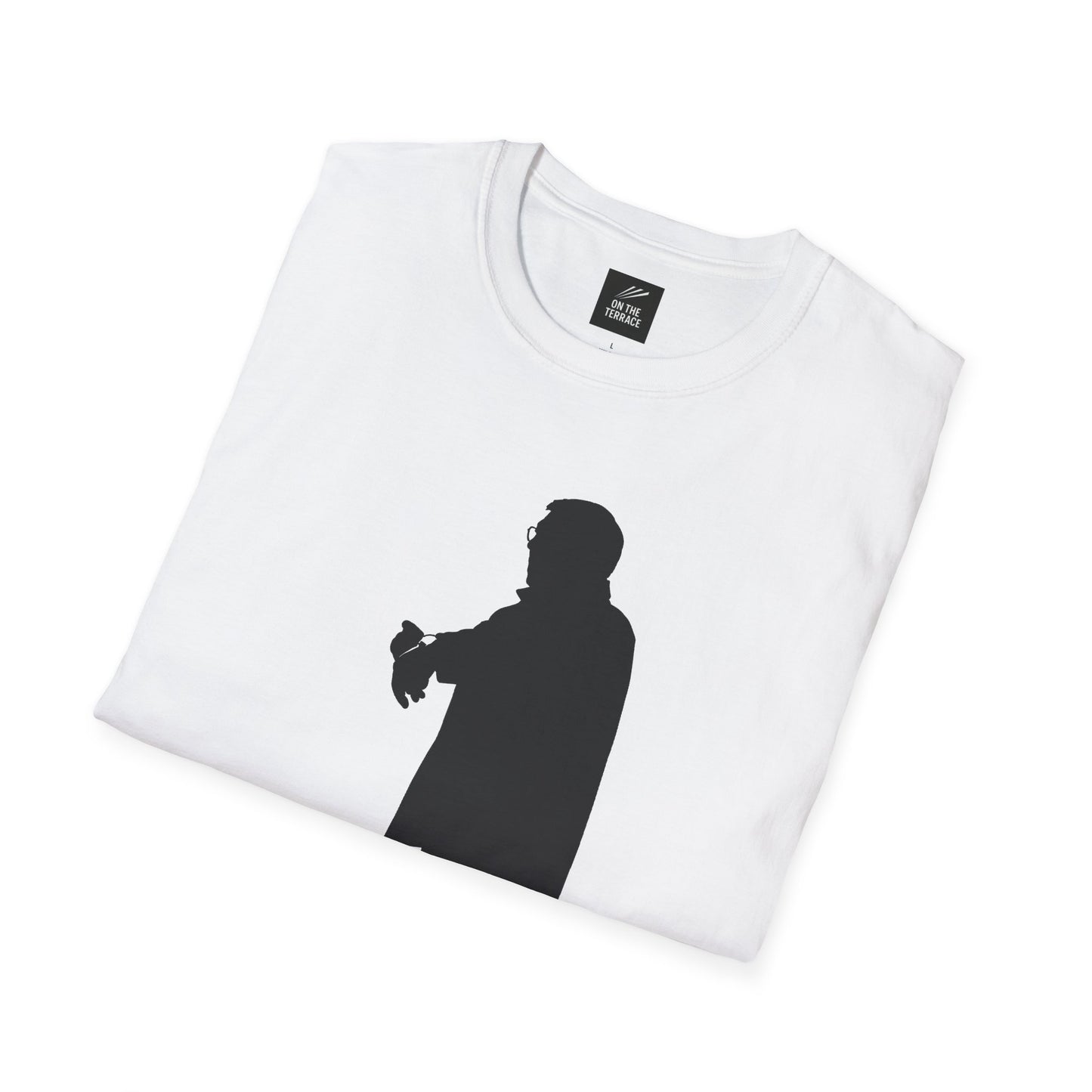 White folded t-shirt with black silhouette of a person checking wristwatch graphic and On The Terrace label