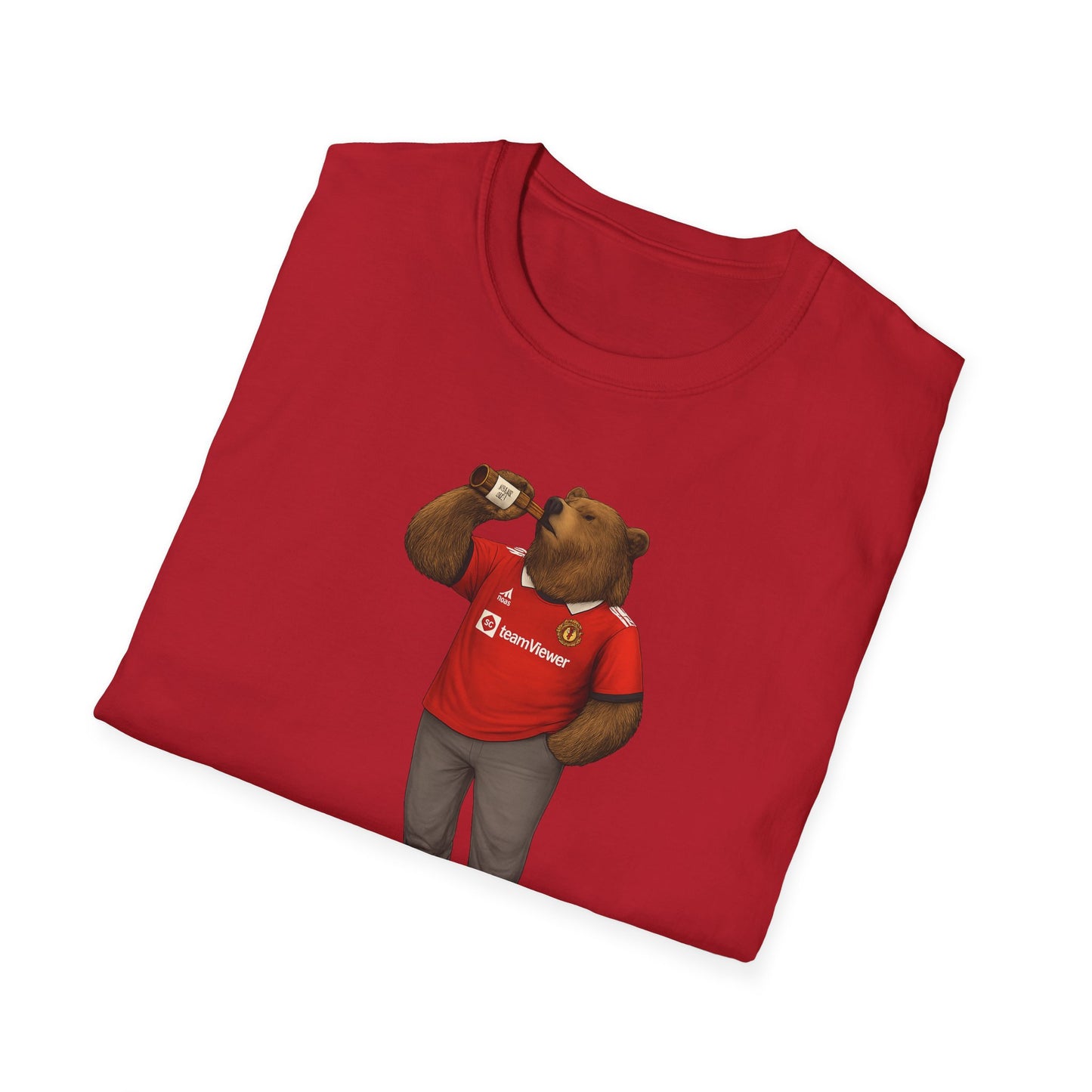 Red t-shirt featuring a bear in a Manchester United jersey drinking from a beer bottle illustration