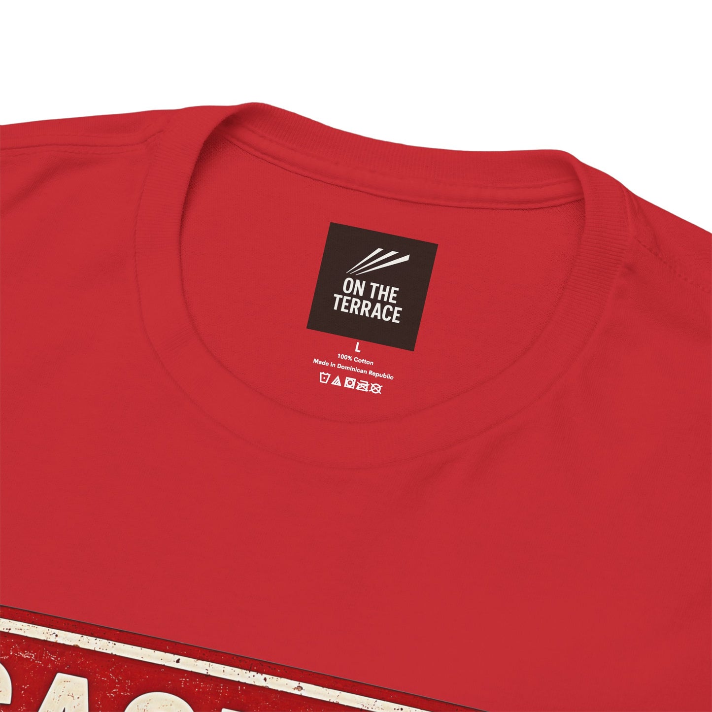 Close-up of a red short-sleeve SUFC t-shirt showing the inner neck label which reads 'ON THE TERRACE'.