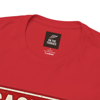 Close-up of a red short-sleeve SUFC t-shirt showing the inner neck label which reads 'ON THE TERRACE'.