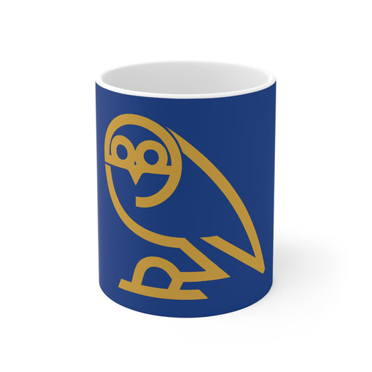 Blue ceramic mug featuring a gold minimalist owl design, modern and stylish coffee cup