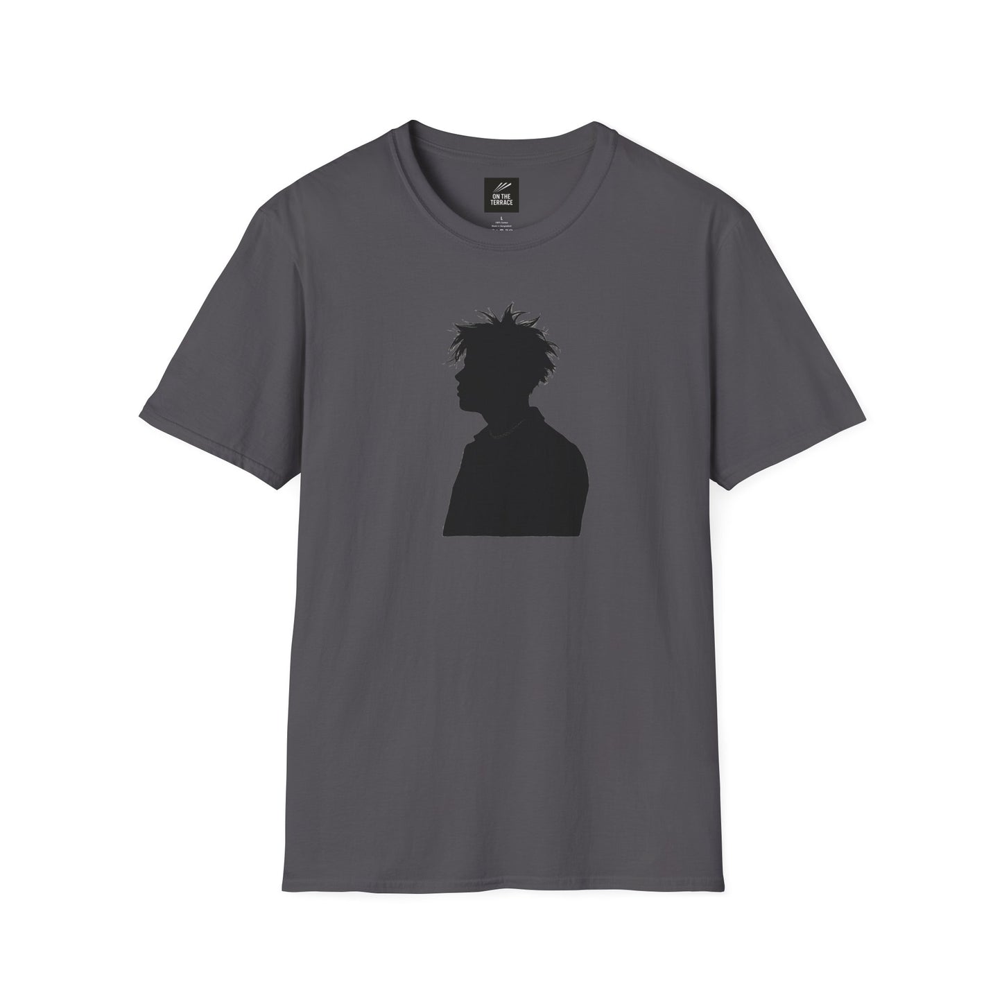 Gray T-shirt with black silhouette of a person with spiky hair printed on front, casual cotton tee