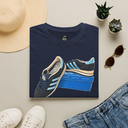 Navy blue retro sneaker graphic t-shirt with vintage trainer and shoebox print
