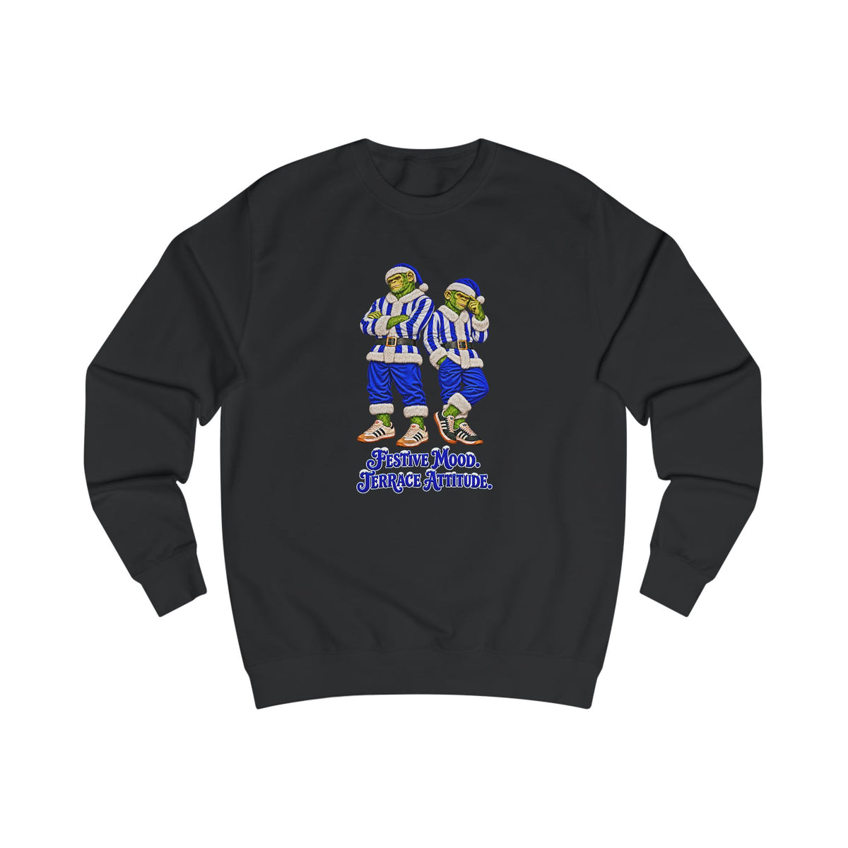 Black Northern Monkeys Christmas jumper with two chimp casuals in blue and white striped Santa suits