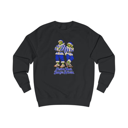 Black Northern Monkeys Christmas jumper with two chimp casuals in blue and white striped Santa suits