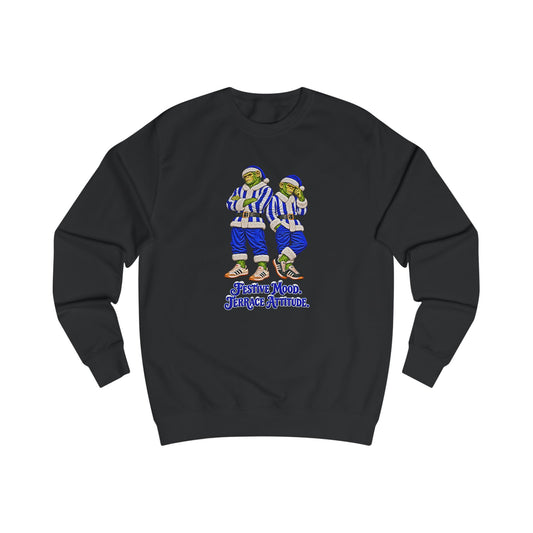 Black Northern Monkeys Christmas jumper with two chimp casuals in blue and white striped Santa suits