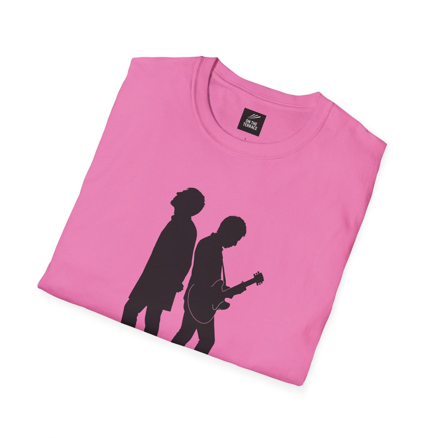 Pink folded T-shirt with black silhouette of two musicians, one playing guitar, on front