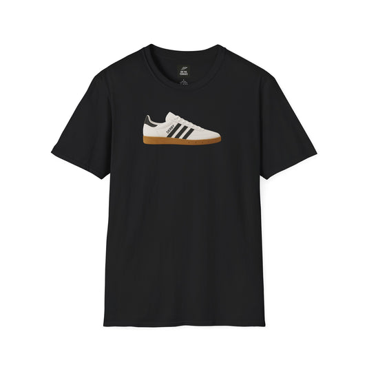 Black t-shirt featuring a white sneaker graphic with black stripes and gum sole