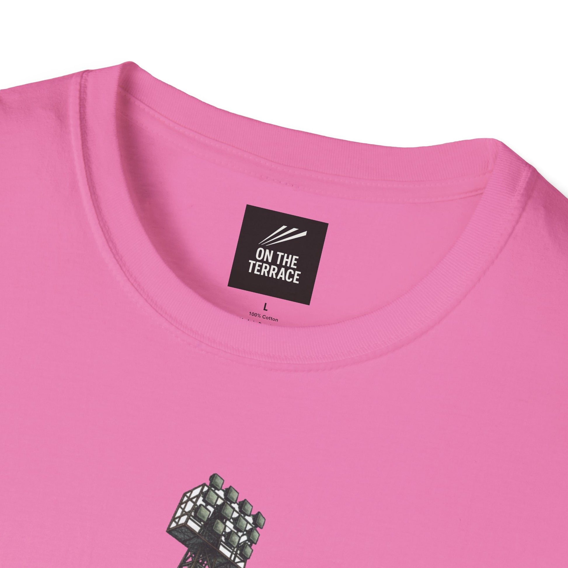 Pink cotton t-shirt with On The Terrace label and stadium lights graphic design