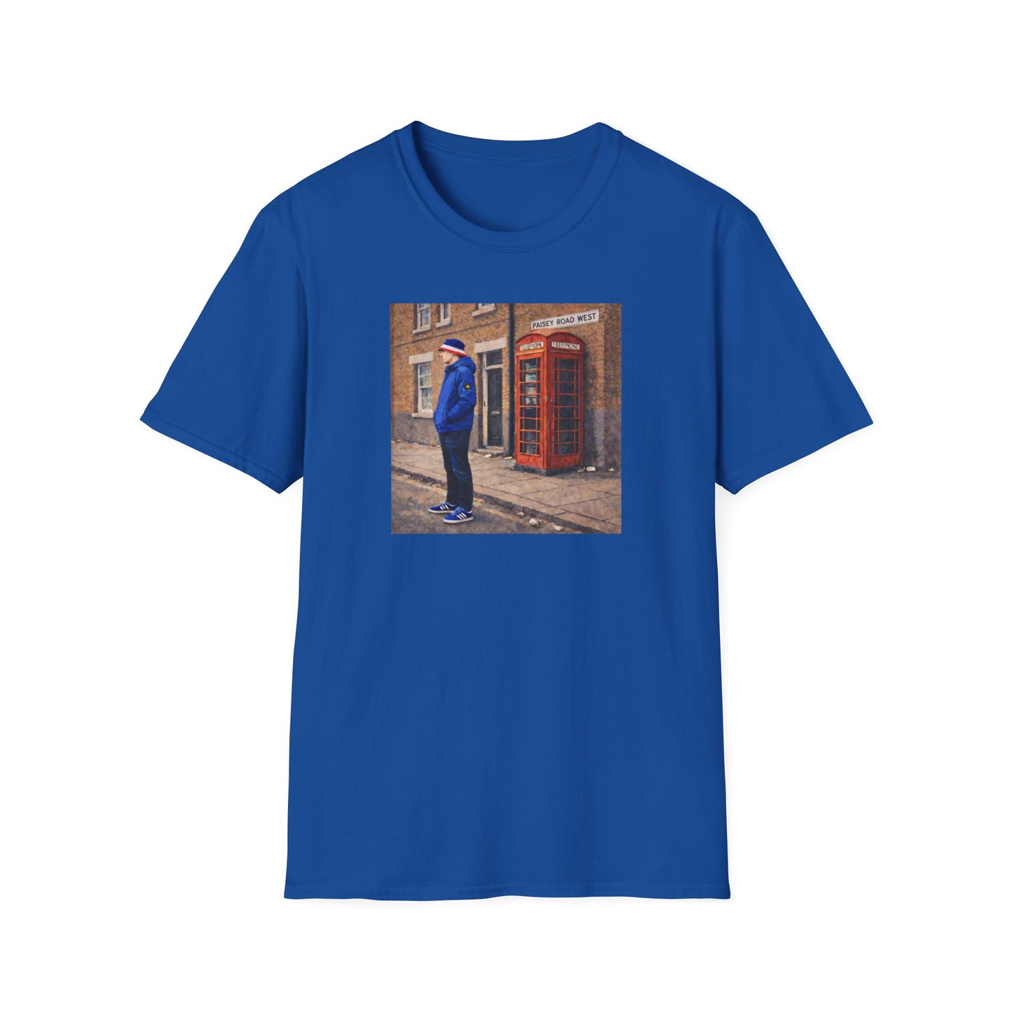 Blue Rangers t-shirt featuring a football casual design with a man in blue standing near a red British phone box on Paisey Road West