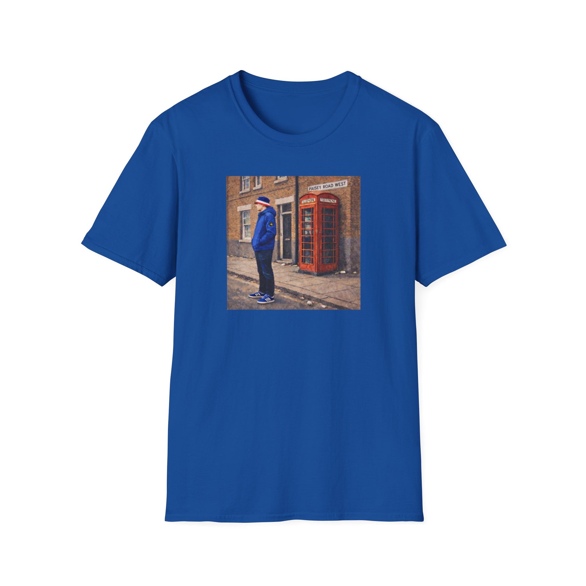 Blue Rangers t-shirt featuring a football casual design with a man in blue standing near a red British phone box on Paisey Road West
