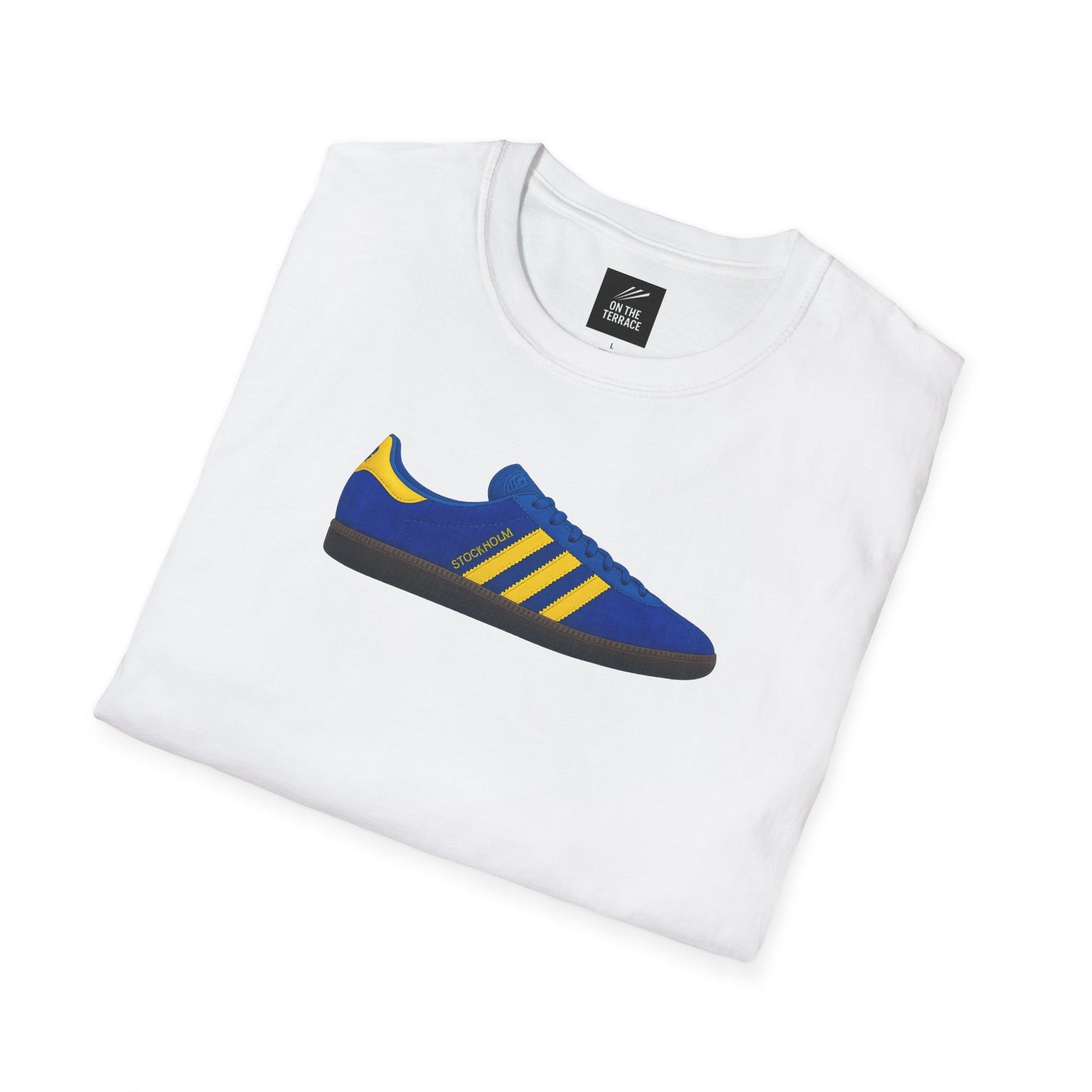 White folded t-shirt with graphic of blue and yellow Stockholm sneaker design