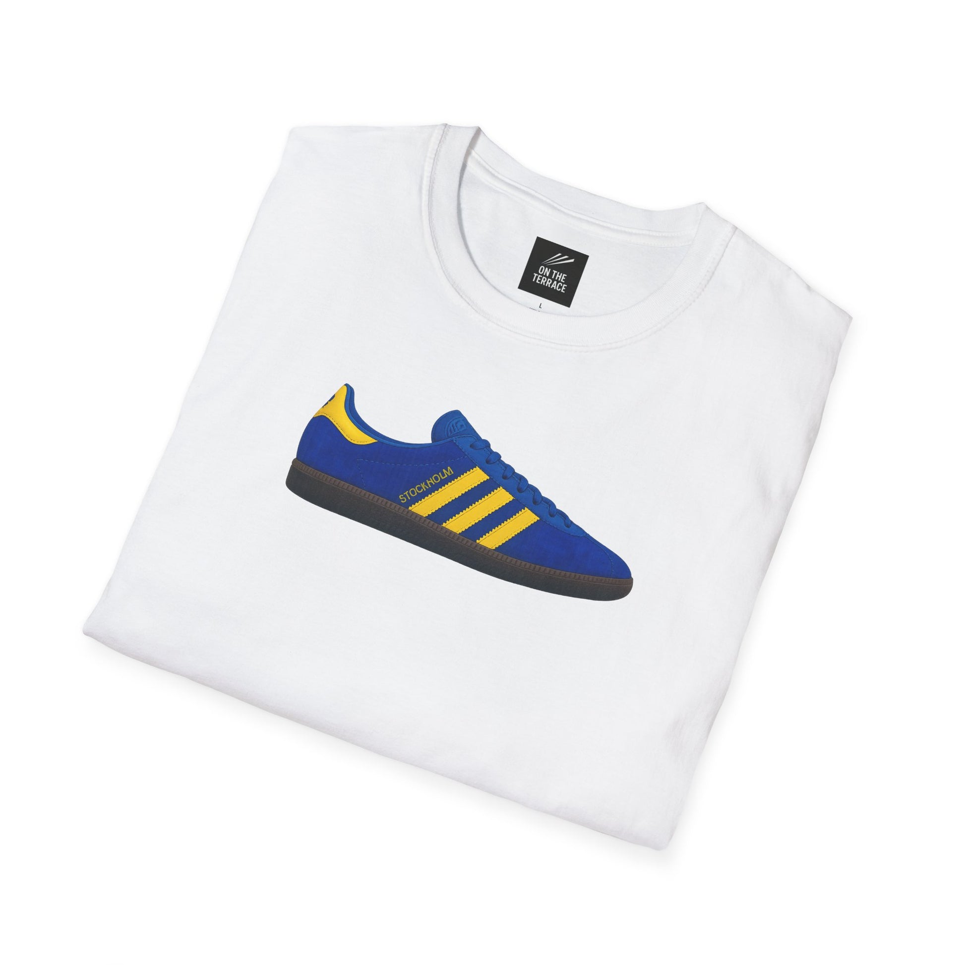 White folded t-shirt with graphic of blue and yellow Stockholm sneaker design