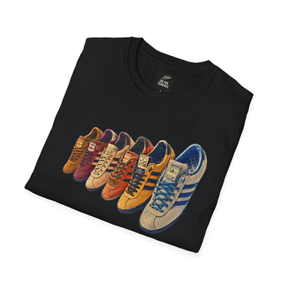 black t-shirt with 5 adidas style trainers