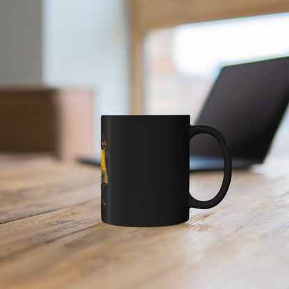 A black ceramic coffee mug featuring a detailed graphic print, showing two chimpanzees dressed in retro Sheffield Wednesday football kits; one wears the blue-and-white striped ASDA home shirt, and the other wears a yellow away shirt with a navy bucket hat.