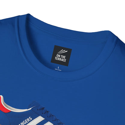 Blue cotton t-shirt with On The Terrace brand label and partial blue sneaker design with red accents