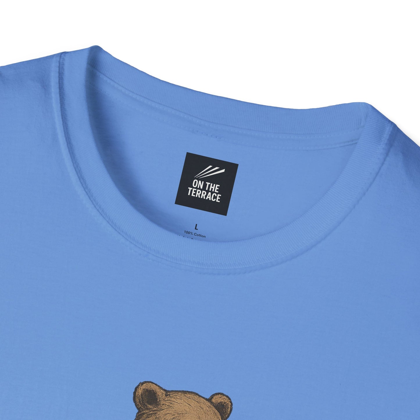 Light blue cotton t-shirt with On The Terrace label and bear graphic print