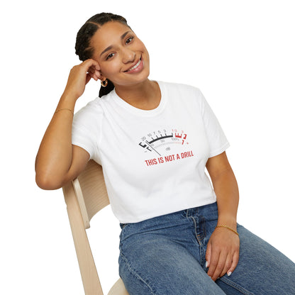 Smiling woman in casual white t-shirt with VU meter and 'This is not a drill' graphic print