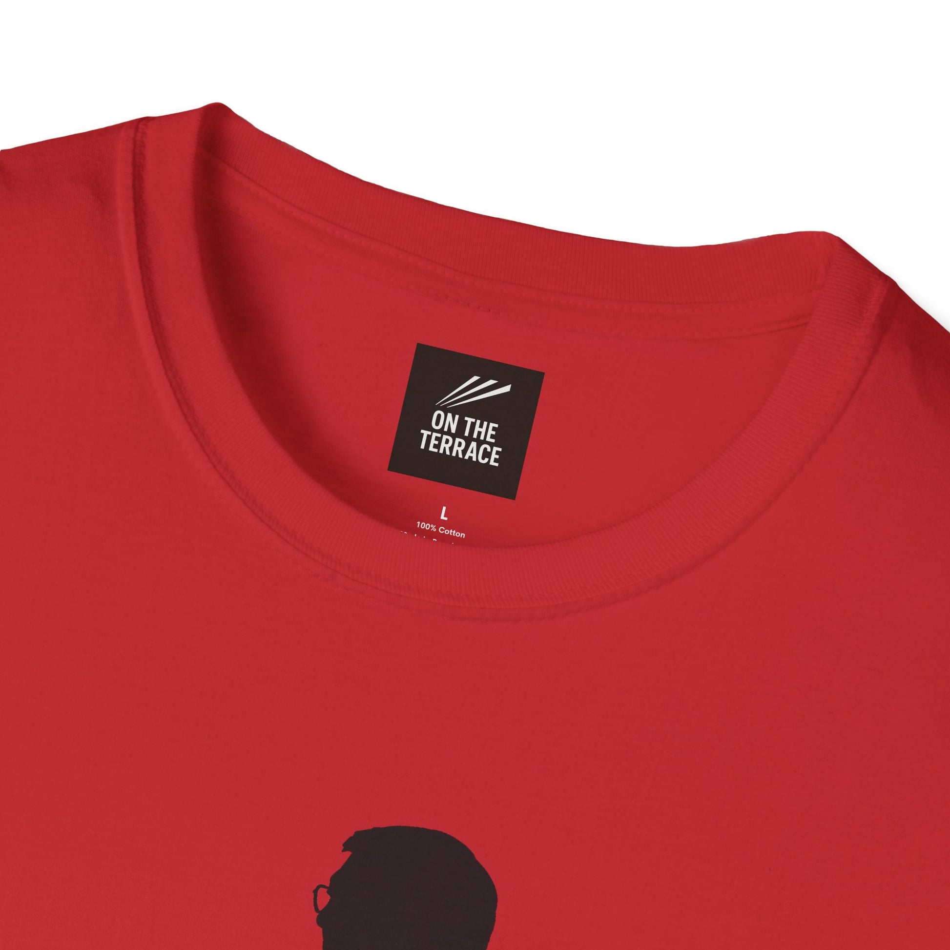 Red cotton t-shirt with On The Terrace brand label and round neckline close-up