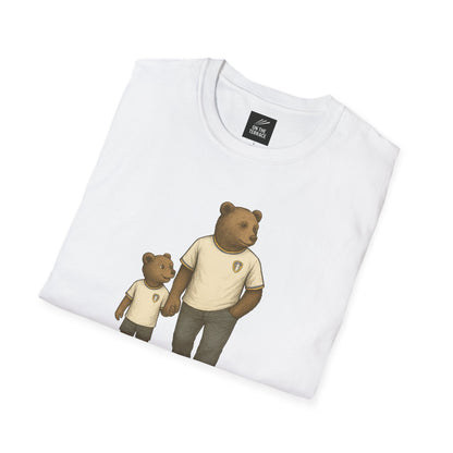 Leeds United White t-shirt with illustration of adult and child bears holding hands wearing matching beige shirts