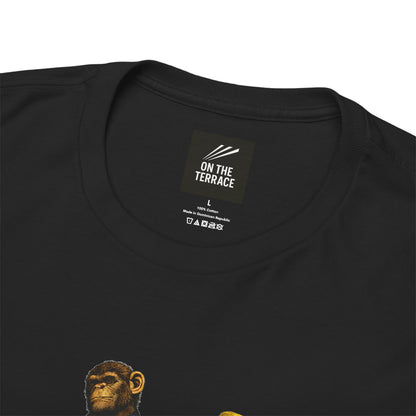 Close-up of a black Watford t-shirt showing the inner neck label which reads 'ON THE TERRACE' and a partial graphic of a chimpanzee's face at the bottom left.