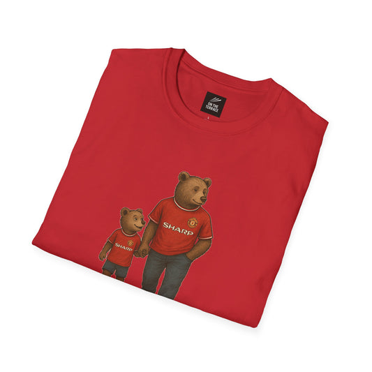 Man United Match T-Shirt in iconic red with father and son bear illustration wearing vintage Sharp jerseys. Soft cotton tee for football fans.