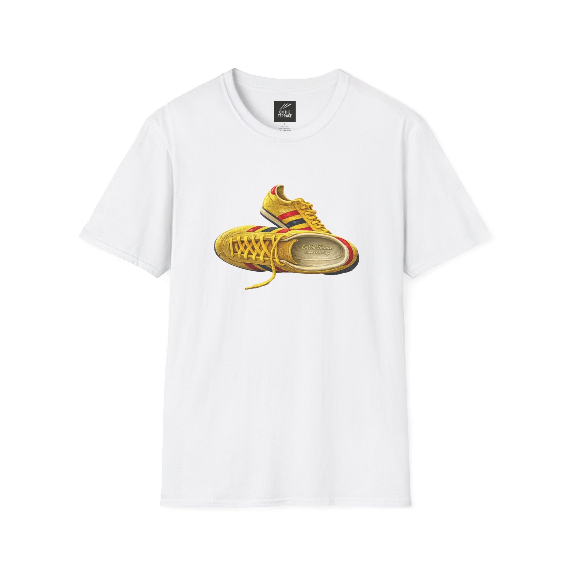 White t-shirt with hand-illustrated yellow, navy and red retro terrace trainer sneaker graphic print, On The Terrace casual clothing brand
