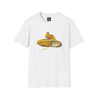 White t-shirt with hand-illustrated yellow, navy and red retro terrace trainer sneaker graphic print, On The Terrace casual clothing brand

