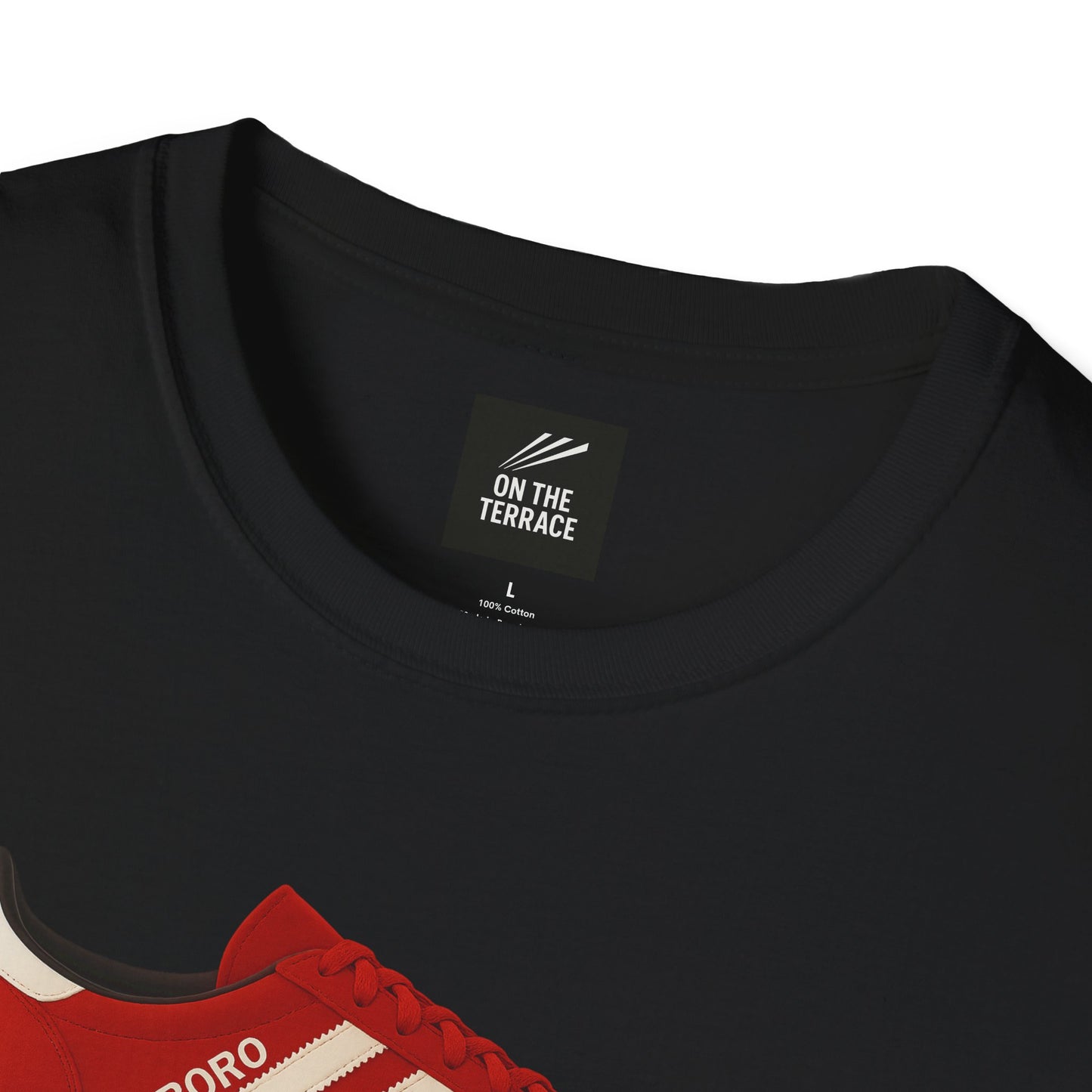 Black cotton T-shirt with a red and white sneaker graphic and ON THE TERRACE label