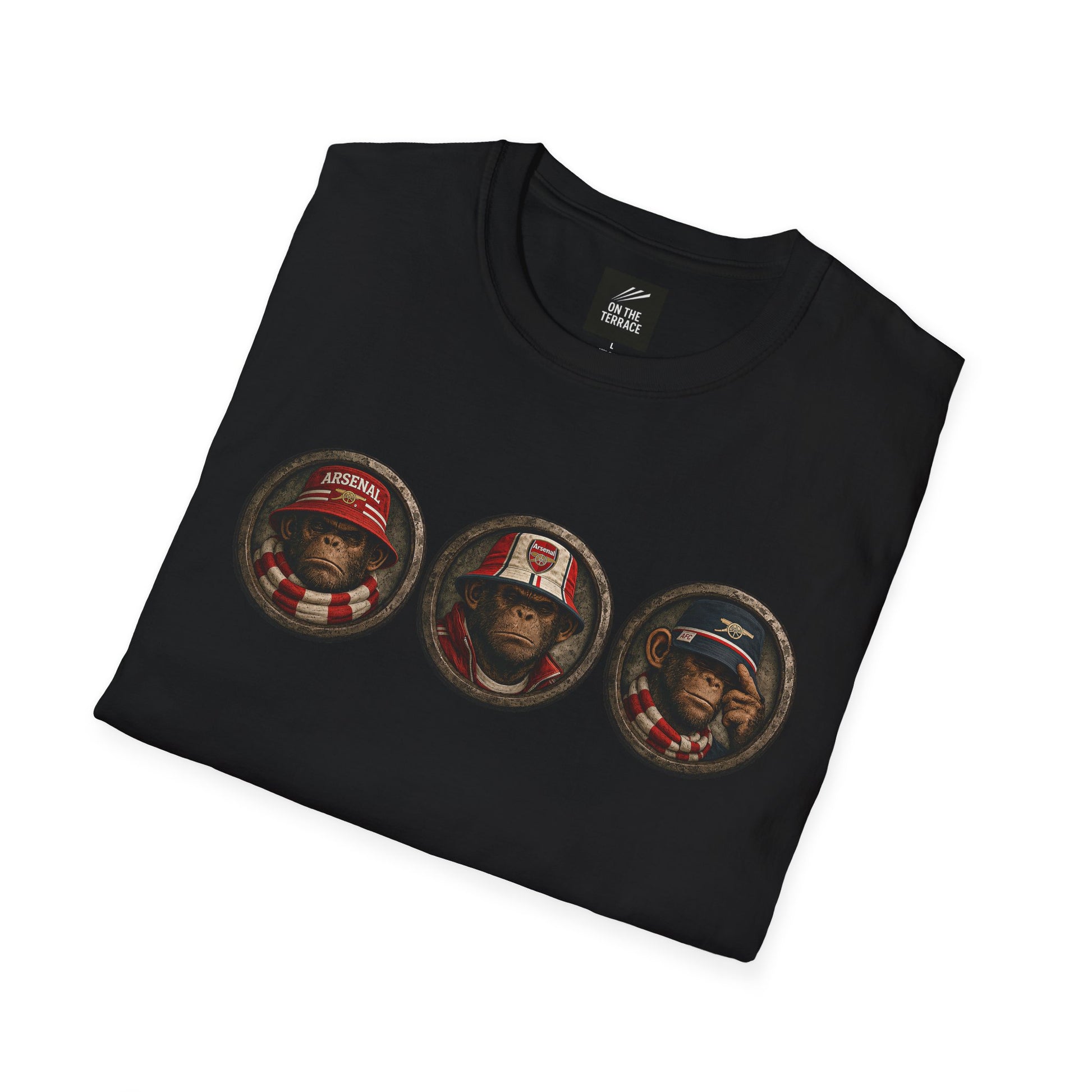 On The Terrace Northern Monkeys black graphic t-shirt featuring retro Arsenal images