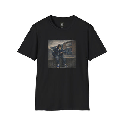 Black t-shirt with a graphic print on a white background