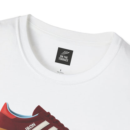 White casual t-shirt with maroon trainer graphic and visible neck label