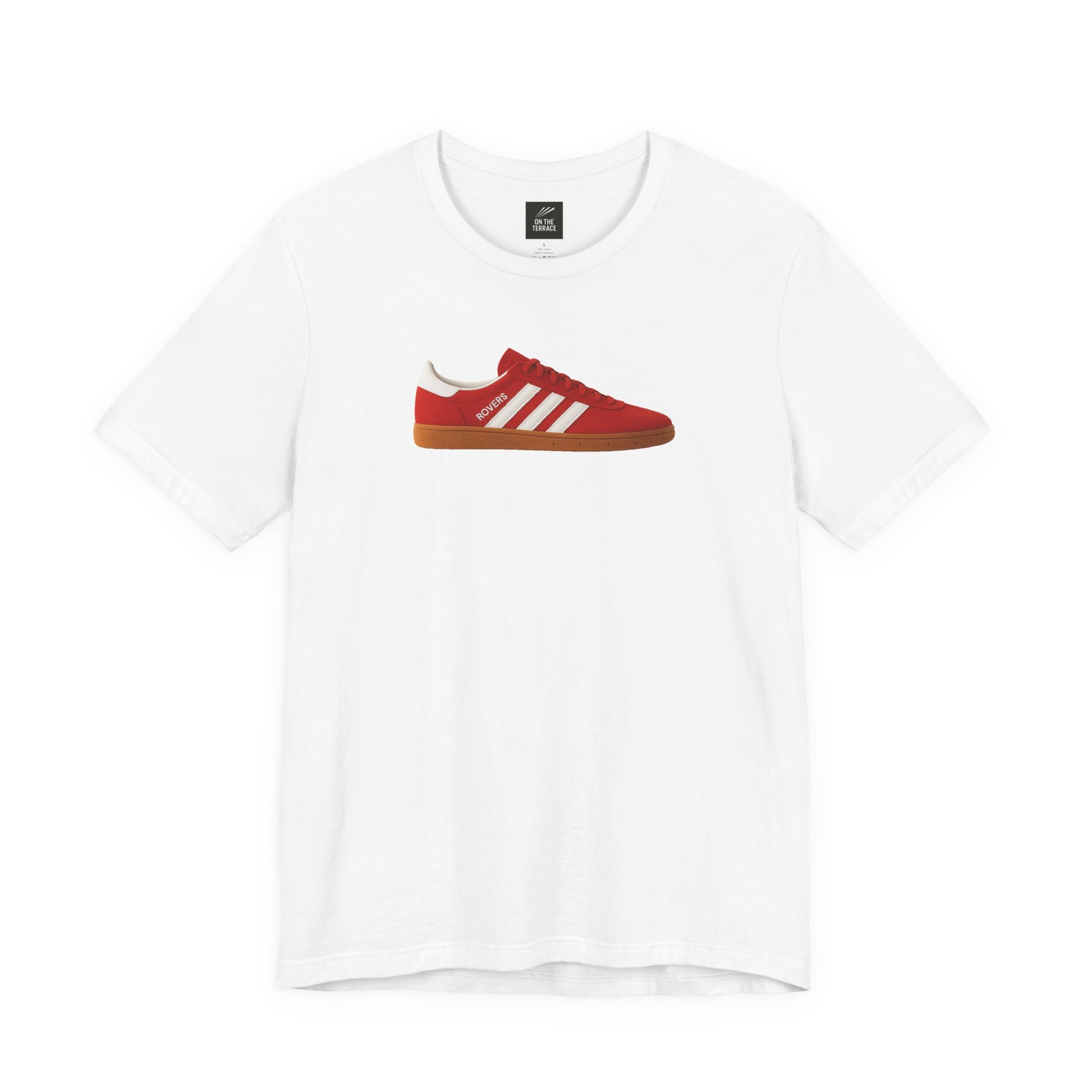 White t-shirt with a central graphic of a red sneaker featuring white stripes and the word Rovers