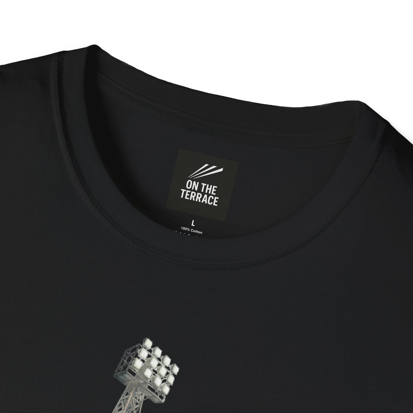 Black cotton T-shirt with printed stadium floodlight design and On The Terrace brand label