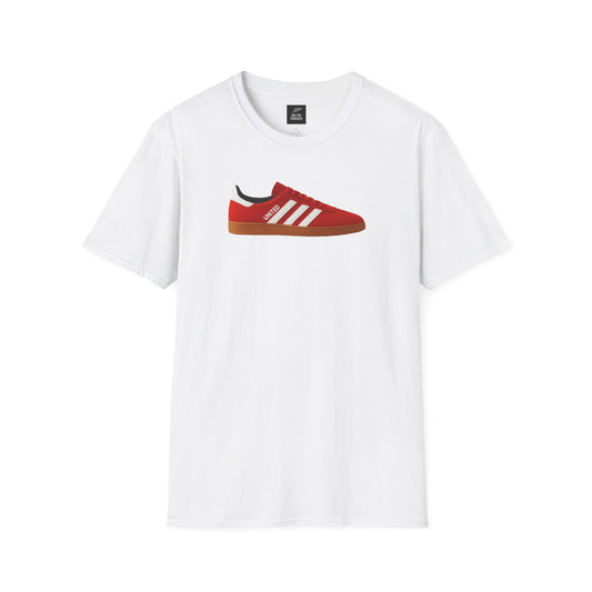 White T-shirt with graphic of red sneaker featuring white stripes and "UNITED" text